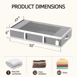 Yecaye Under Bed Storage Containers, 54L Closet Organizers and Storage Bins, 2 Pack Foldable Under Bed Storage Bags with Clear Window & 3 PU Leather Handles for Clothes, Blankets, Comforter, Grey