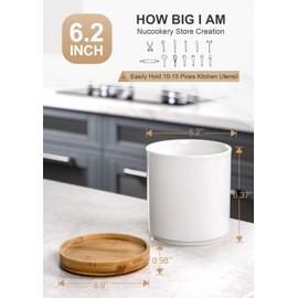 Nucookery 360° Rotating Utensil Holder, 7.2" Large Utensil Crock, White Ceramic Cooking Utensil Organizer with Countertop-Protection Cork Bottom for Farmhouse Kitchen Decor Christmas Gift (White)