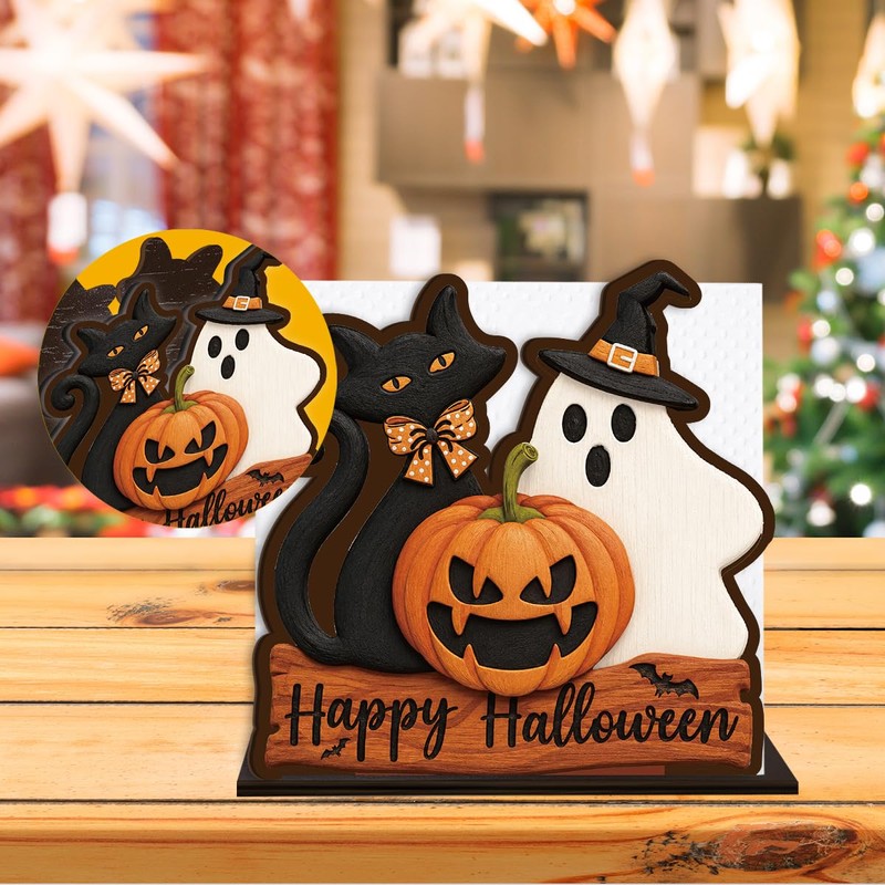Halloween Napkin Holder, Black Cat Ghost Pumpkin Wood Napkin Holders