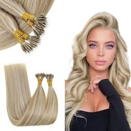 RUNATURE Braun Nano Extensions Real Hair Blonde Highlights 35 cm Straight Extensions Nano Beads Real Hair 1 g Nano Ring Extensions Real Hair 50 g 50 Pieces Remy Human Hair Colour #8P60