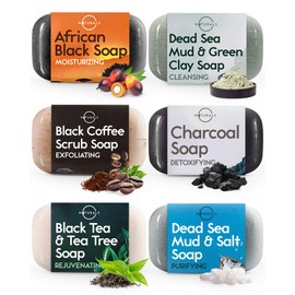 O NATURALS 100% Natural Bar Soap - Gift Set - Organic Ingredients & Essential Oils - Spa Gifts for Women & Men, Body Wash & Face Soap - 6PC Black Soap Collection