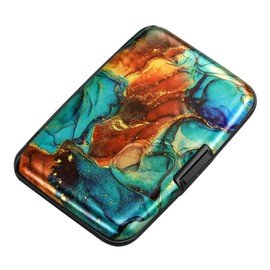 ELFISH Mini portafolios de aluminio RFID para tarjetas de crédito, estuche de metal para identificación para hombres y mujeres, Mármol azul y marrón., Pequeño