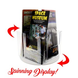 Marketing Holders 6 Pack Rotating Brochure Holder for 4 Inch Wide Trifolds and Rack Cards 4 Pocket Spinning Literature Carousel Clear Acrylic with White Base Retail and Office Countertop Display