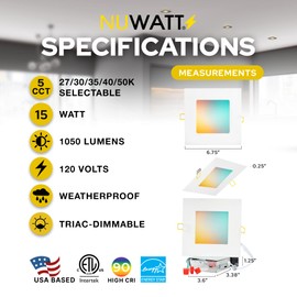 NUWATT | 6 Pack | White Square 6 inch Ultra Thin LED Recessed Ceiling Light, 5 CCT 2700K | 3000K | 3500K | 4000K | 5000K Selectable, 15W, 1050 Lumens, Dimmable Canless LED Downlight, Wet & IC Rated