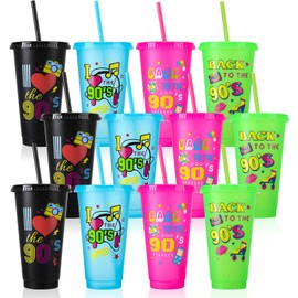 Ovveroche 12 Pcs 90s Party Cups with Lids and Straws, 24OZ 90s Theme Party Decorations Drinking Cups Bulk for Retro Music Party Supplies Throwback Dance Birthday Party Supplies
