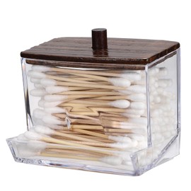 Hipiwe Clear Acrylic Qtip Holder Apothecary Jar with Wood Lid Cotton Ball and Swab Organizer Bathroom Accessories Canister Paperclip Organizer for Cotton Round Pads, Floss Picks