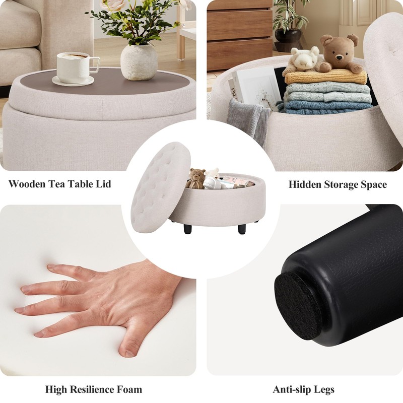 COLAMY Fabric Round Storage Ottoman with Reversible Tray Lid –