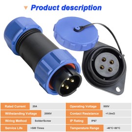 DKARDU SP21 4Pin Panel Mount 21mm Connector, Waterproof IP67 Circular Cable 12V 30A Connector Plug Socket for BLUETTI DC Output (4 Pack, Plug Male & Socket Female)