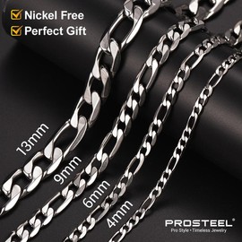 PROSTEEL Smooth Figaro Chain Necklace Stainless Steel Chains Length 14-30 Inches Width 4mm-13mm Hip Hop Jewelry Unisex For Men Women Gift Box - Style: 13mm-Black, Length: 28"-71 cm