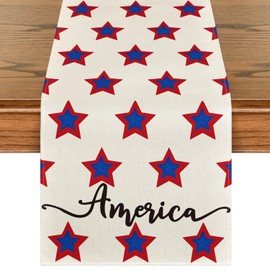 Artoid Mode America Star Block Patriotic 4th of July Table Runner, Memorial Day Kitchen Dining Table Decoration for Home Party Decor 13x90 Inch