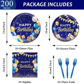 50 Guests Blue and Gold Birthday Plates and Napkins Party Supplies Navy Blue Party Tableware Set Blue Birthday Party Plates Happy Birthday Decorations Favors for Men Women Birthday Baby Shower 200 PCS