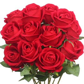 Jasion 12PCS Artificial Roses Realistic Velvet Silk Flowers Long Stem Faux Flowers Bouquet for Wedding Home Party Table Centerpieces Decorations (Red)