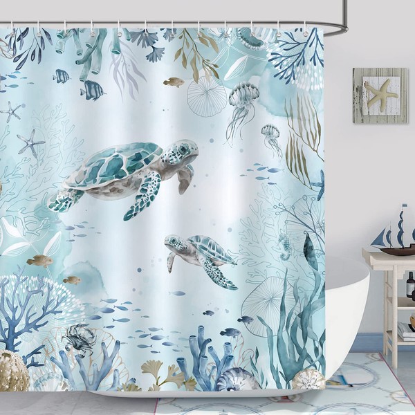 Bonhause Sea Turtle Shower Curtain for Bathroom Teal Blue Ocean