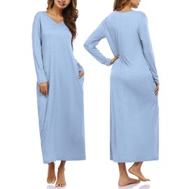 Marvmys Women Long Sleeve Sleeping Gown Soft Cotton V Neck Nightgown Plus Size Maxi Nightshirt Baby Blue