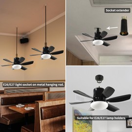 YQL Socket Ceiling Fan Light - Screw in Fan and Bulb Combo 20 inch 40W 3000-6500K with Remote Black
