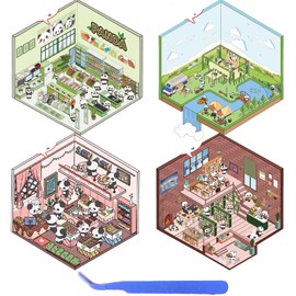 4 Sets 3D Sticker Scene with Tweezers, Panda 3D Sticker, Fun DIY Set, Cute Sticker Set, Sticker Children, DIY Stacking Scene Stickers, Animal Stickers for Boys, Girls