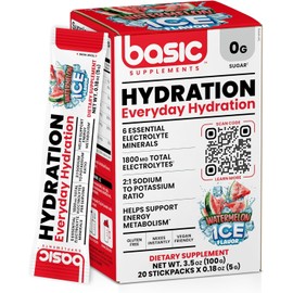 Basic Hydration Electrolyte Drink Mix, 1800mg Total Electrolytes, 6 Essential Minerals, 2:1 Sodium Potassium Ratio, 0 Sugar, Vegan & Gluten Free, 20 StickPacks