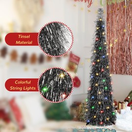 5FT Pop Up Christmas Tree with 90 LED Lights, Collapsible Tinsel Xmas Tree Skinny Pencil Christmas Tree for Home Fireplace Porch Holiday Party Decorations(Black Silver)