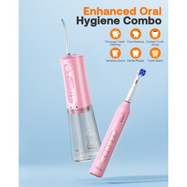 Bitvae Water Dental Flosser Teeth Picks, Cordless Water Flosser for Teeth, Braces, Dental Care and Rechargeable Rotary Electric Toothbrush Combo Set, 4 Tips, 4 Brush Heads, Waterproof, Pink, C5+R1