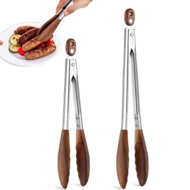 Set of 2 Wooden Tongs for Cooking & Serving Food, Anti-Slip Long Handle Wooden Kitchen Tongs Heat Resistant, Stainless Steel Salad with Walnut Wood Tip, Smooth Locking & Hanging Cooking Utensils