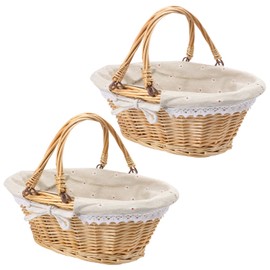 Geytetqi 2 Pack 12.6 Inch Natural Wicker Basket with Linen Cotton Cloth Lining, Oval Wicker Woven Basket with Handle, Willow Woven Picnic Baskets for Picnic, Camping, Party(Small)