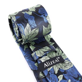 Alizeal Mens 3.35inches Large Floral Pattern Necktie and Printed Pocket Square Set, Navy+Sage