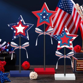 Suzile 3 Pcs Independence Day Tabletop Decorations Signs Wooden The Fourth of July Desktop Ornament Star Tabletop Figurine for Indoor Home Fireplace Mantel Holiday Party