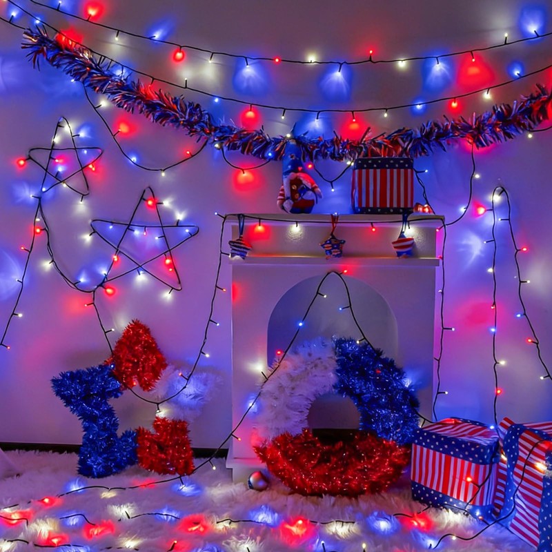 YEGUO Red White Blue Lights, 33ft 100 LED String Lights