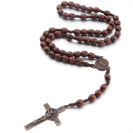 EYVRPAU Catholic Cross Rosary Necklace, Natural Wood Prayer Chain with Medal Cross Jesus Christ Saint Benedict for Catholic Christians, Religious Communion, Baptism, Mass, Bible