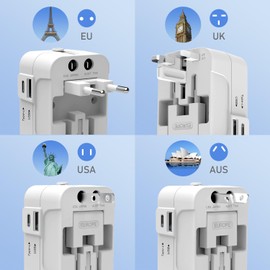 Universal Travel Adapter with 1 USB and 1 USB C, PIGADA TA02 International Socket Adapter, Travel Plug Adapter Worldwide for Germany, USA, England, Thailand, Italy, Australia