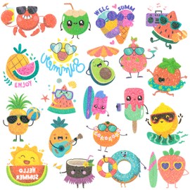 10 Sheets Summer Glitter Fruit Party Temporary Tattoos for Kids, Cartoon Fruits Ocean Pattern Watermelon Pineapple Flamingos Tattoos Sticker, Waterproof Body Stickers Favors for Children’s Day Makeup