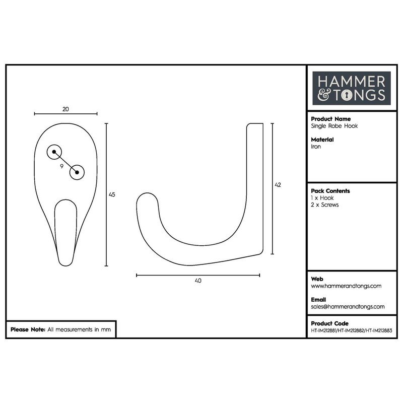 Hammer and Tongs - Single Robe Hook - W20mm x