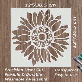 12x12 Inch Boho Sunflower Stencil for Painting on Wood, Canvas, Paper, Fabric and Furniture - Reusable Floral Craft Stencils - Large Flower Stencils - Wall Stencils for Painting Large Pattern