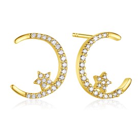 Moon Star Stud Earrings for Women - Hypoallergenic CZ Earrings, 14K Gold Plated Pierced Stud Earrings for Birthday Christmas Jewellery Gift