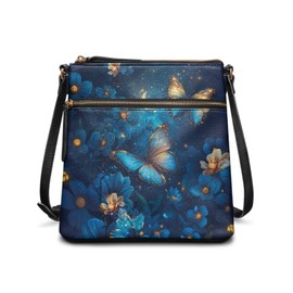 COEQINE Leather Crossbody Bags for Women Blue Butterfly Floral Tote Bag With Shoulder Strap, Large Capacity Work Small Cross Body Bag With Strap Waterproof Leather Bag Ladies Birthday Gift Bag