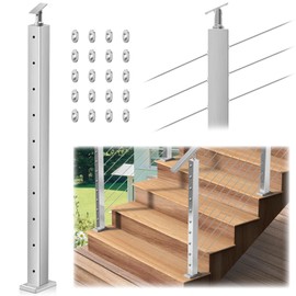 Gyykzz 36" Stair Cable Railing Post, 33 Degree Drilled, Adjustable Top with Cable Sleeves, Brushed Stainless Steel Deck Post Fit for 28-38 Degrees Stairway