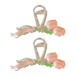 Magik 1~2 Pack Tulip Floral Enamel Large Metal Hair Claw Flower Blossom Hair Clips (2 Pack, Ribbon, Pink)