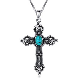 DOLIOX Genuine Turquoise Cross Necklace for Women Black 925 Sterling Silver Western Boho Jewelry Vintage Gemstone Pendant for Her