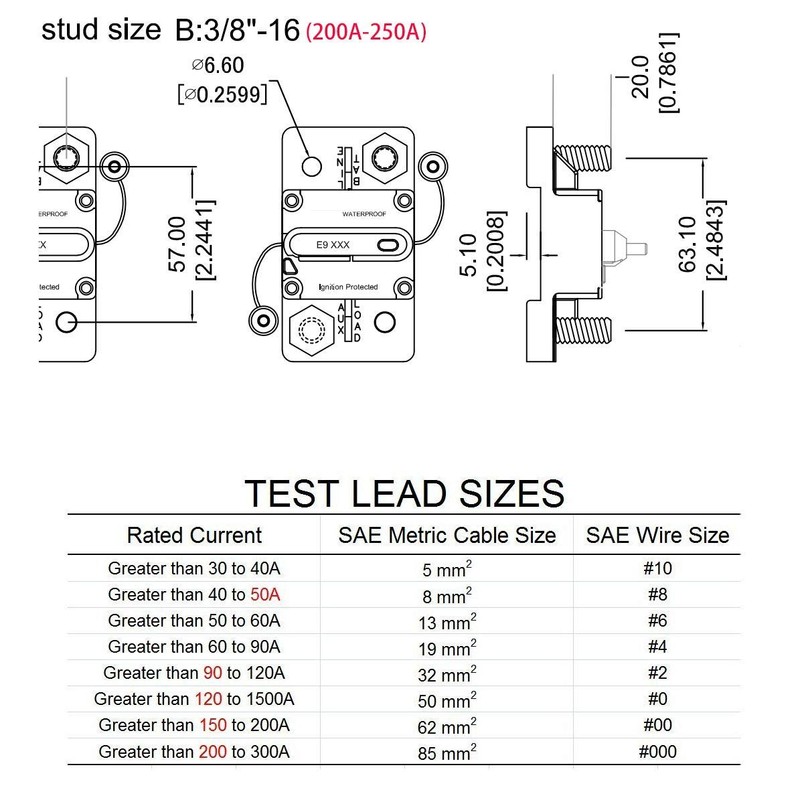 T Tocas E9 3/8" Studs 200 Amp Circuit Breaker with