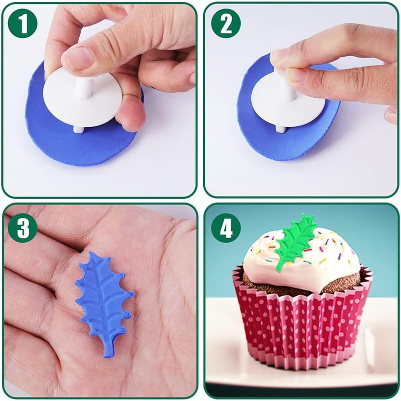6PCS Christmas Fondant Moulds Holly Leaf Plunger Cutter Holly Leaf