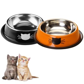 FANWINKJ 2 Pieces Stainless Steel Cat Bowl Set, Non-Slip Feeding and Drinker for Kittens, Puppies, Rabbits, Small Pets, Orange and Black
