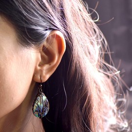 Tree of Life Hand Wrapped Sea Abalone Shell Earrings for Women, Antique Bronze Copper