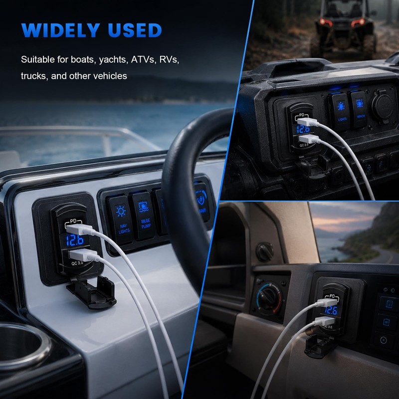 Car Rocker Switch Outlet with LED Voltmeter (USB+PD)