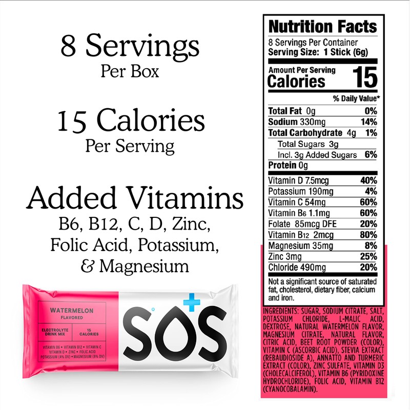 SOS Hydration Electrolyte Powder Packets, Watermelon Flavor, 8 Stick Packs
