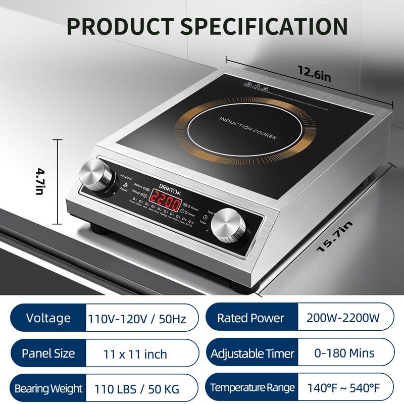 DRINTON Induction Cooker, 2200W Commercial Induction Cooktop, Large Countertop Burner