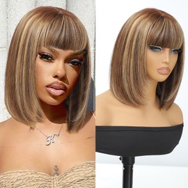 Civrie Highlight Straight Bob Wig Human Hair with Bangs Glueless 2.5x1 Transparent Lace Bob Wigs with Upgrade Breathable Bangs for Women Wear and Go Short Bob Wigs With Bangs Easy to Wear 12 Inch