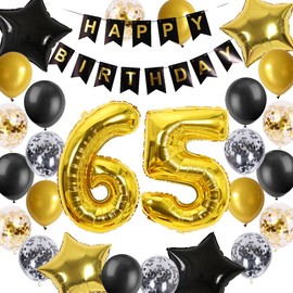 65th Birthday Decorations Black Gold for Men Women, 65th Birthday Banners Number 65 Birthday Balloons Star Foil Confetti Balloons for Cheers to 65th Birthday 65 Years Old Birthday Party Decorations
