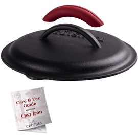 Cuisinel Cast Iron Lid - Fits 8"-Inch / 20.32cm Lodge Skillet, Frying Pans or Braiser + Silicone Handle Holder + Care Guide - Pre-Seasoned Replacement Cover - Indoor/Outdoor, Oven, Open Fire, BBQ Safe