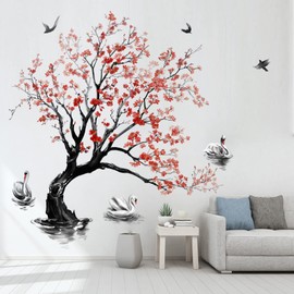 decalmile Wall Sticker Large Flowers Tree Wall Sticker Swan Peach Blossom Tree Wall Sticker Bedroom Living Room Sofa TV Background Wall Decoration (H:140 cm)