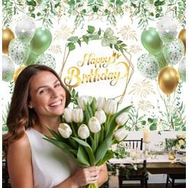 Greenery Birthday Banner Backdrop 71 x 43 Inch Sage Green Party Decorations Happy Birthday Photo Backdrops Eucalyptus Leaves Ballon Banner for Photography Women 21st 30th Party Supplies